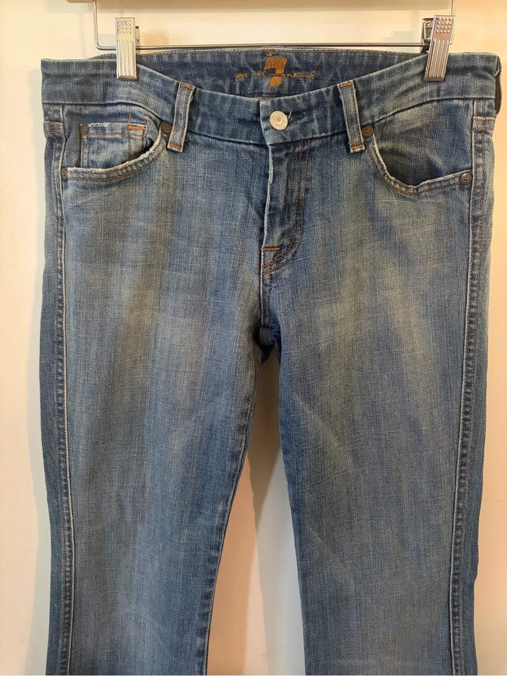 7 For All Mankind High-Rise Jeans in Blue with Tan Accents